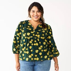 🧣Sonoma Green Blouse with Yellow Floral Pattern